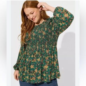 Torrid Women’s 1X Green Floral Smocked Peplum Prairie Top with Ruffle Detail